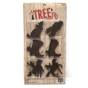 New Western Metal Christmas Ornament Set x6 Wolf Cowboy Boot Horse Lot Country